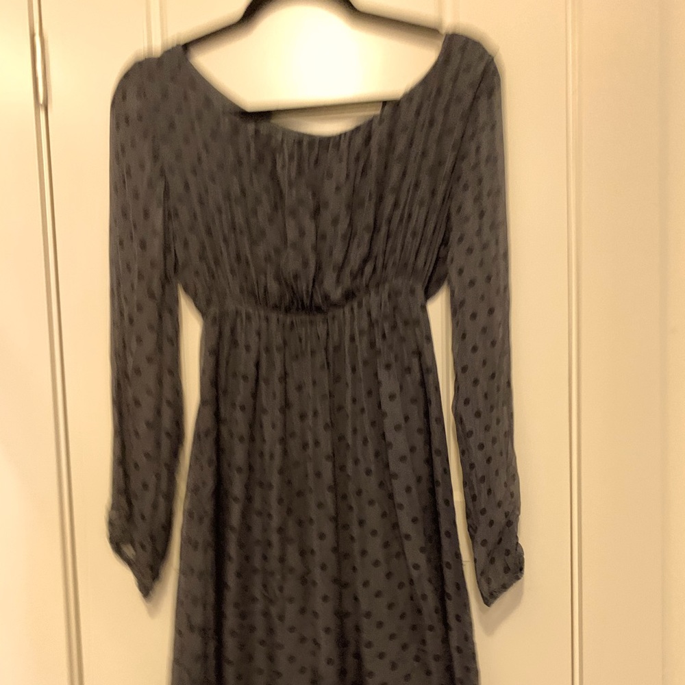 Silk grey dress with black polka dots.